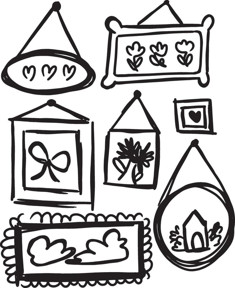 Hand-drawn wall frame doodles with various decorative elements such as hearts, flowers, clouds, and house icons vector