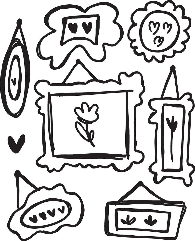 Whimsical hand-drawn wall frames with floral and heart motifs in a doodle style vector