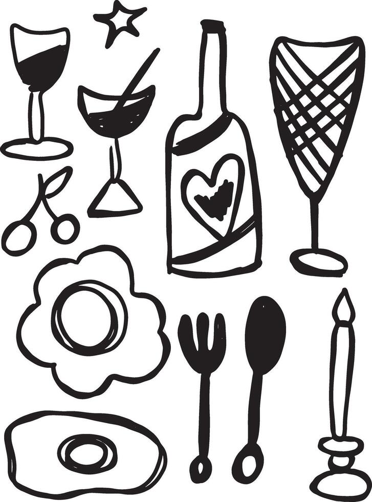 Hand-drawn doodle of food and drink elements, including wine glasses, bottle, eggs, utensils, and candle vector