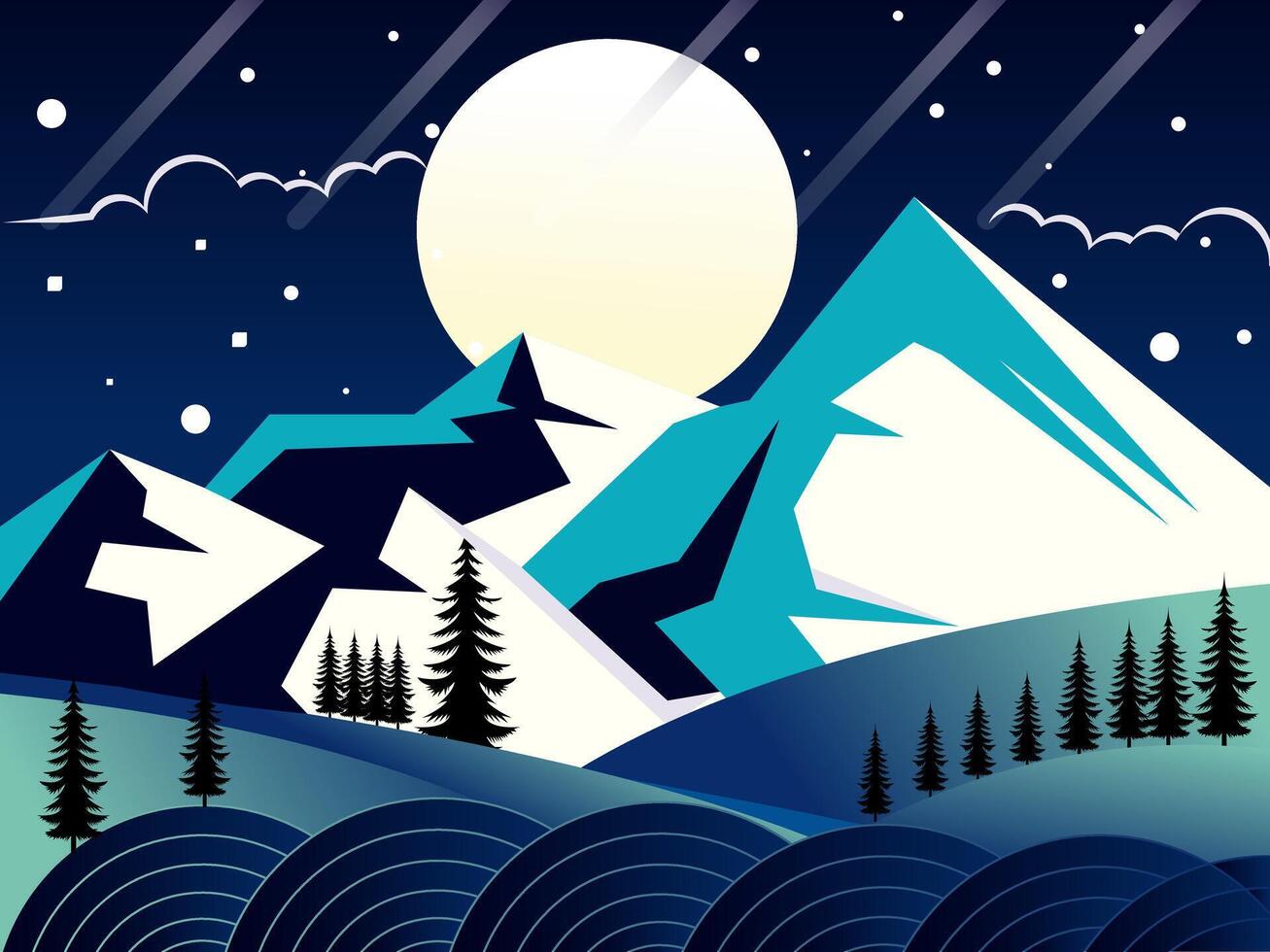 Minimalist Flat Style Illustration Featuring Snowy Mountains, A Big Full Moon, A Starry Night Sky, Black Pine Trees, And An Abstract Sea Line Pattern In The Foreground. vector