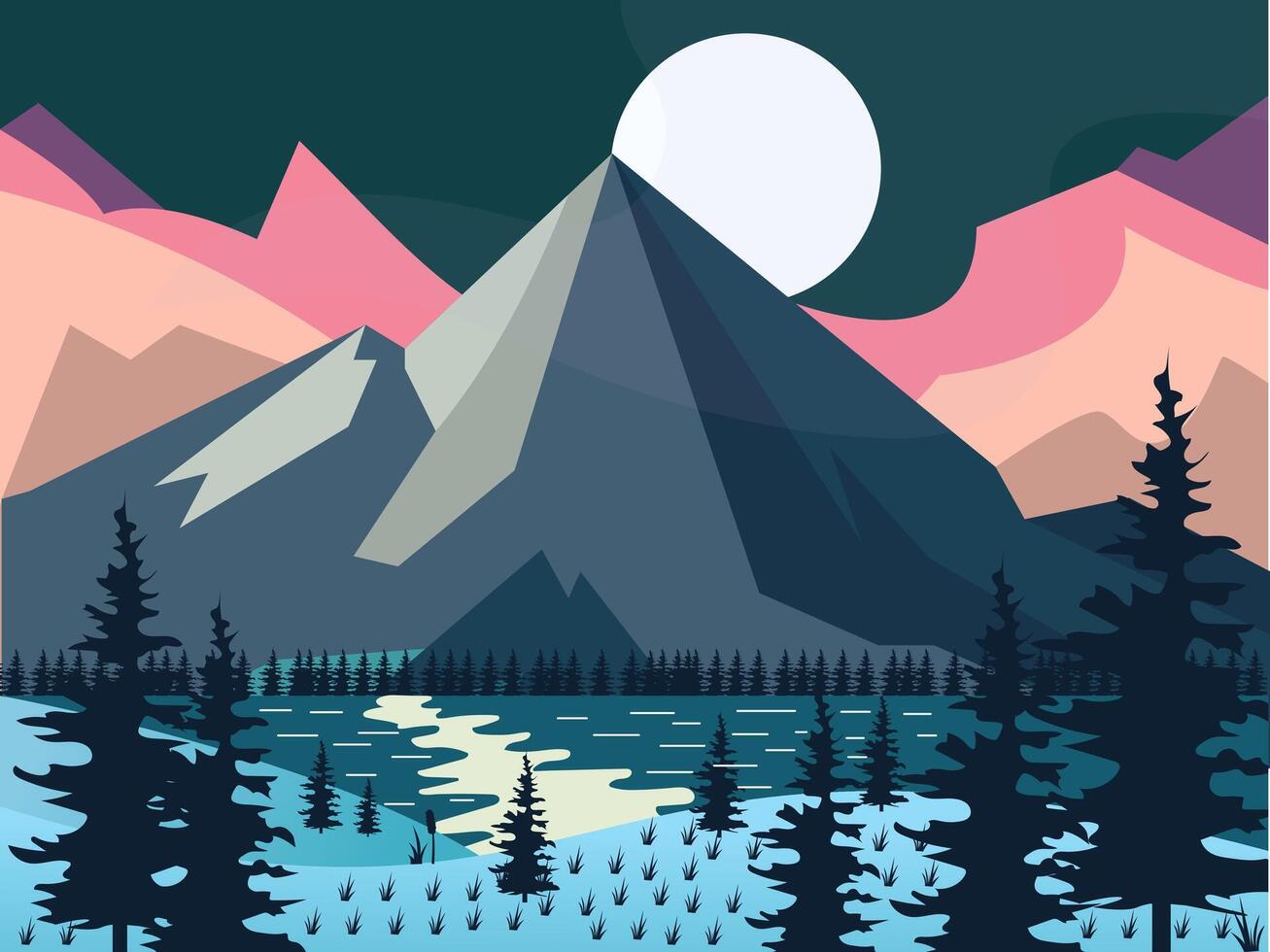 Minimalist Flat Style Illustration Featuring Large Mountains, A Full Moon Above Them, A Dense Pine Forest, And A Calm Reflection Lake At Night. vector