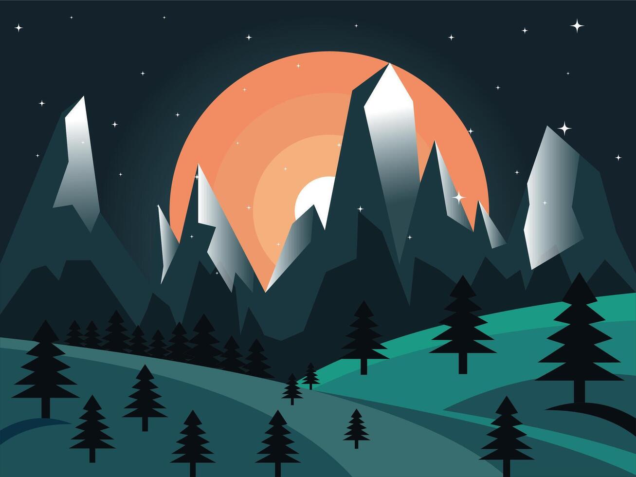 Mountain landscape with sunset and trees vector