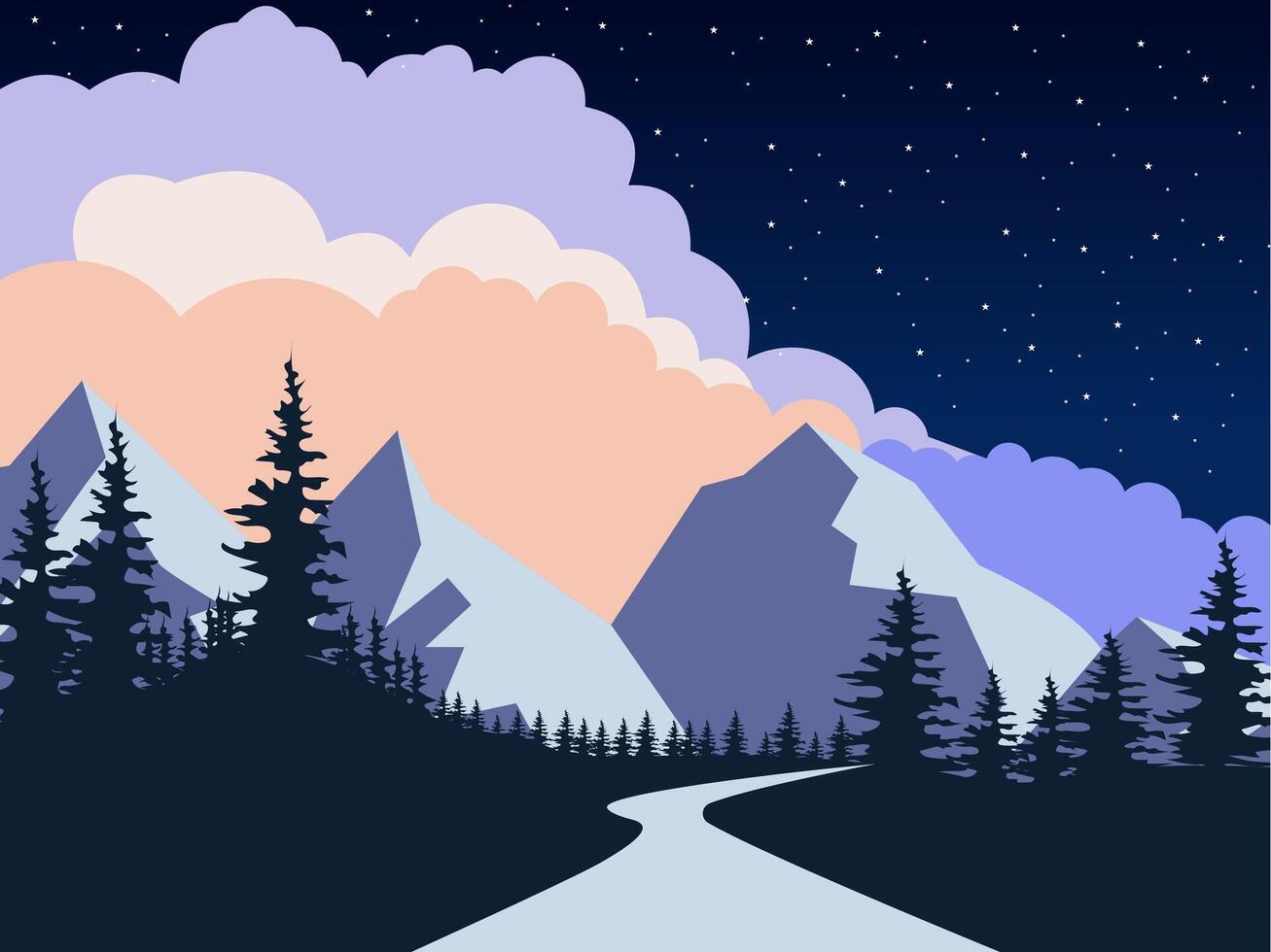 Minimalist Flat Style Illustration With Contrasting Pastel Color Palette, Featuring Snowy Mountains, Rows Of Dark Pine Trees, Winding Road In The Middle, Starry Night Sky, And Peach Purple Gradient vector