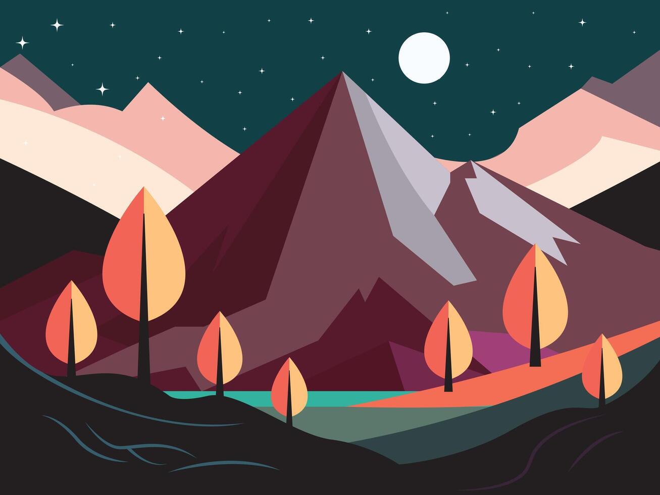 Colorful mountain landscape at night vector