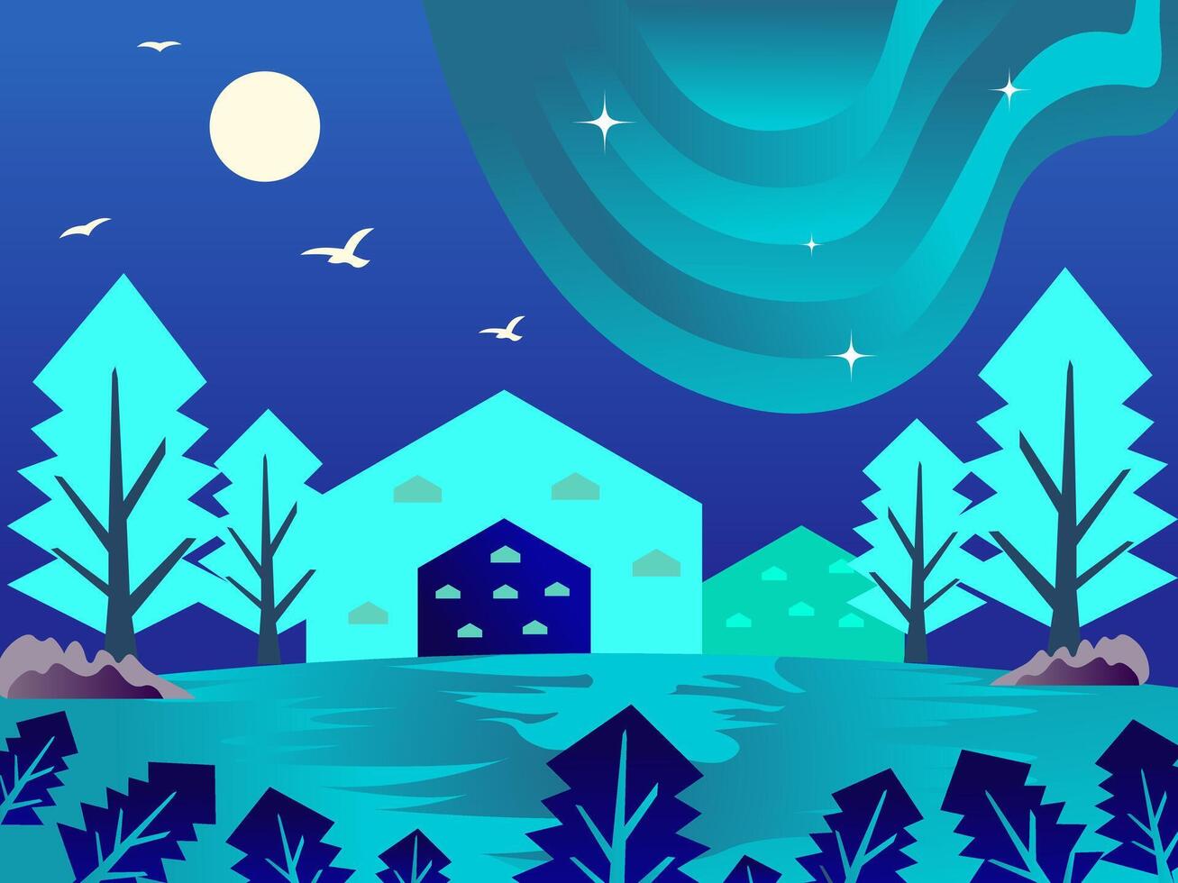Night scene with house and northern lights vector