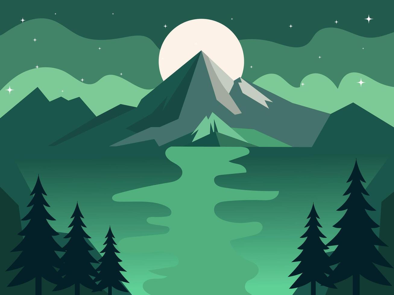 Mountain landscape with moon and trees vector