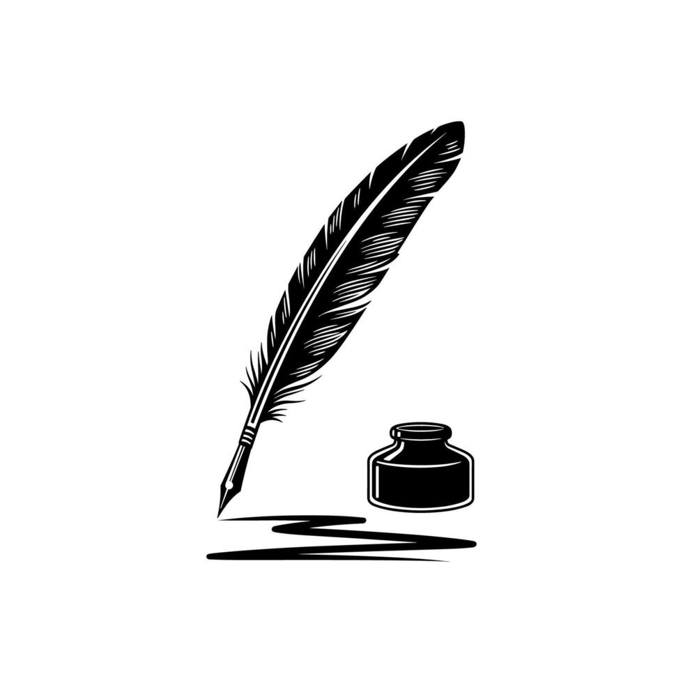 Vintage feather quill pen with inkwell and black ink stroke vector