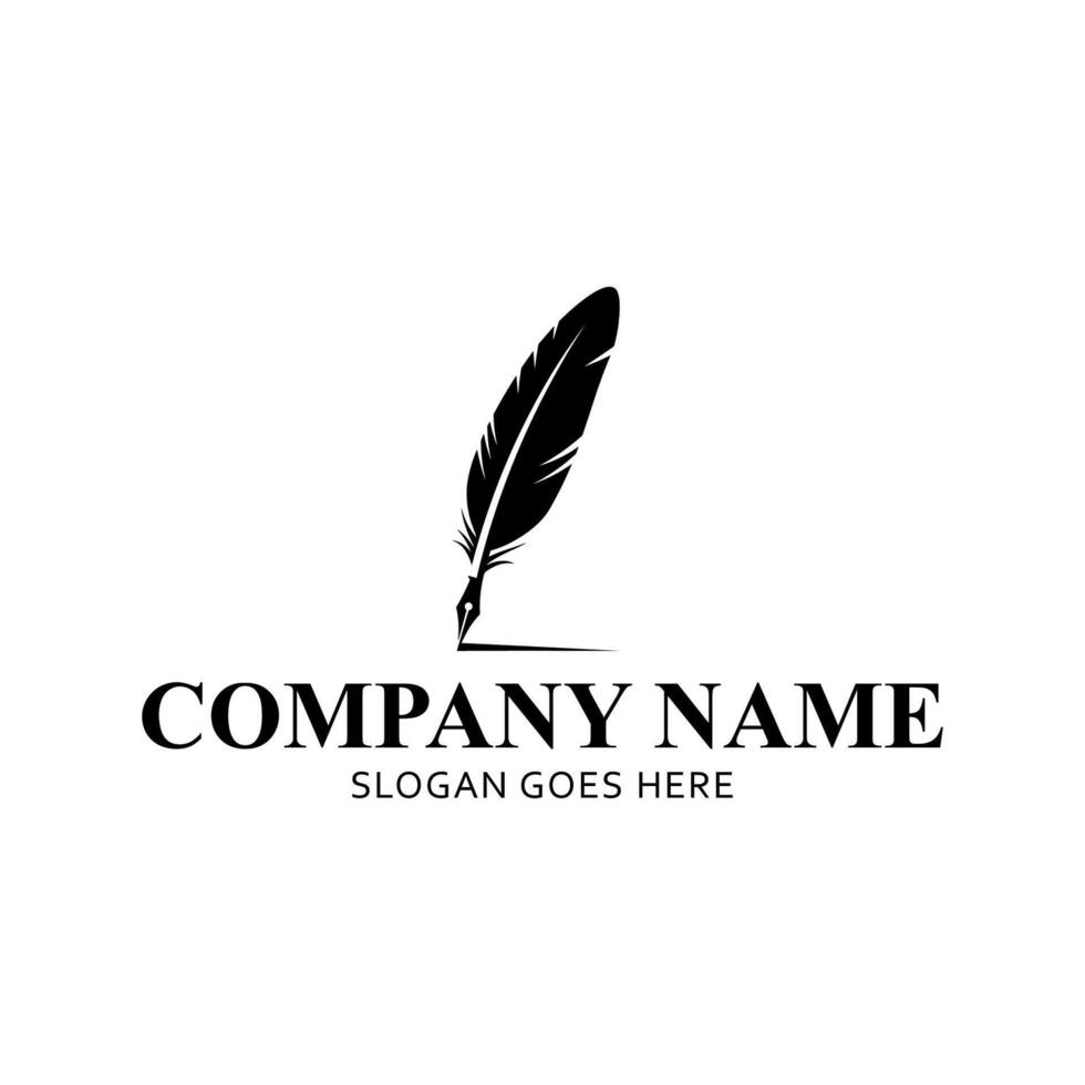 Feather quill pen logo with black ink stroke vector