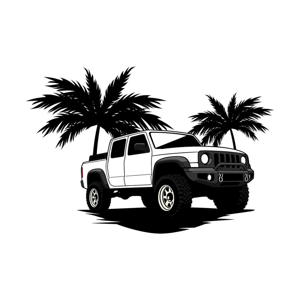 Black and white Off Road Car 4x4 Vehicle with palm trees vector