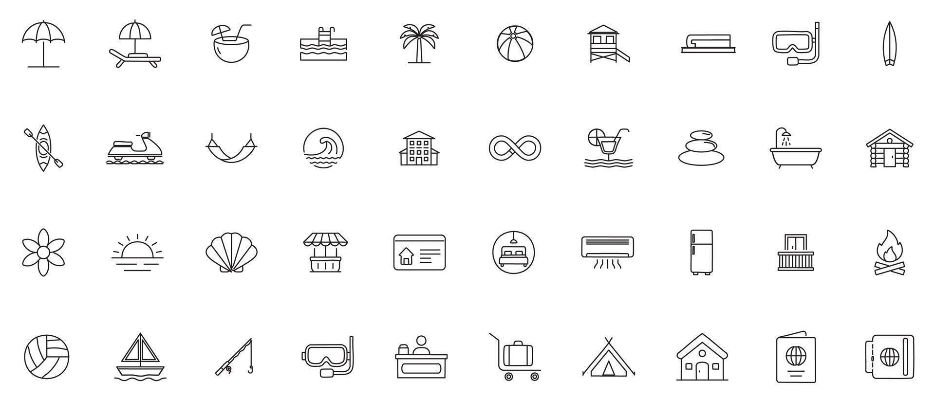 Minimal Resort Line Icons Outline Style Travel and Vacation Set vector
