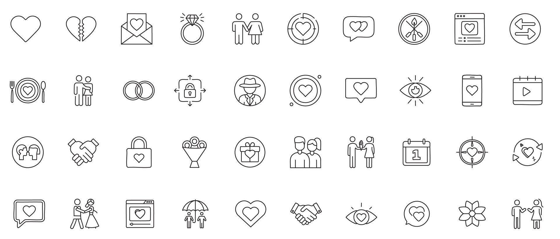 Dating and Relationships Line Icons Minimal Outline Symbols of Love, Romance, and Connection vector