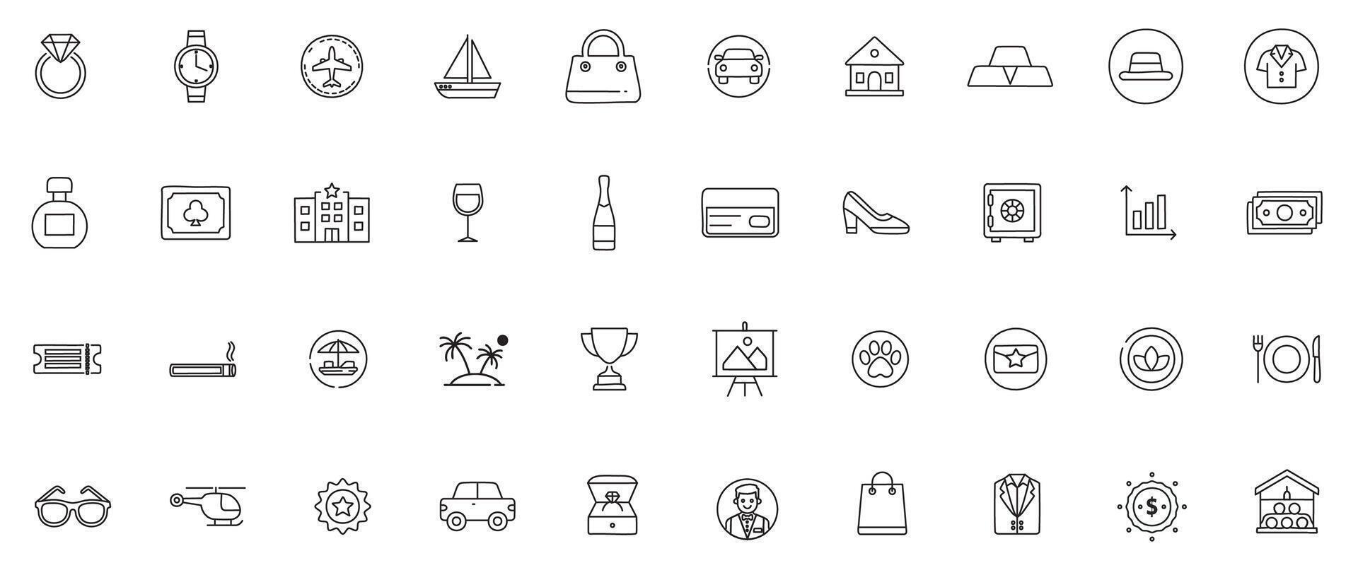 Luxury Lifestyle and Wealth Line Icons Minimal Outline Symbols of Opulence and Financial Success vector