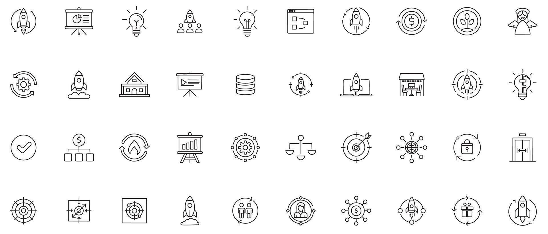 Startup Essentials Line Art Icon Set vector