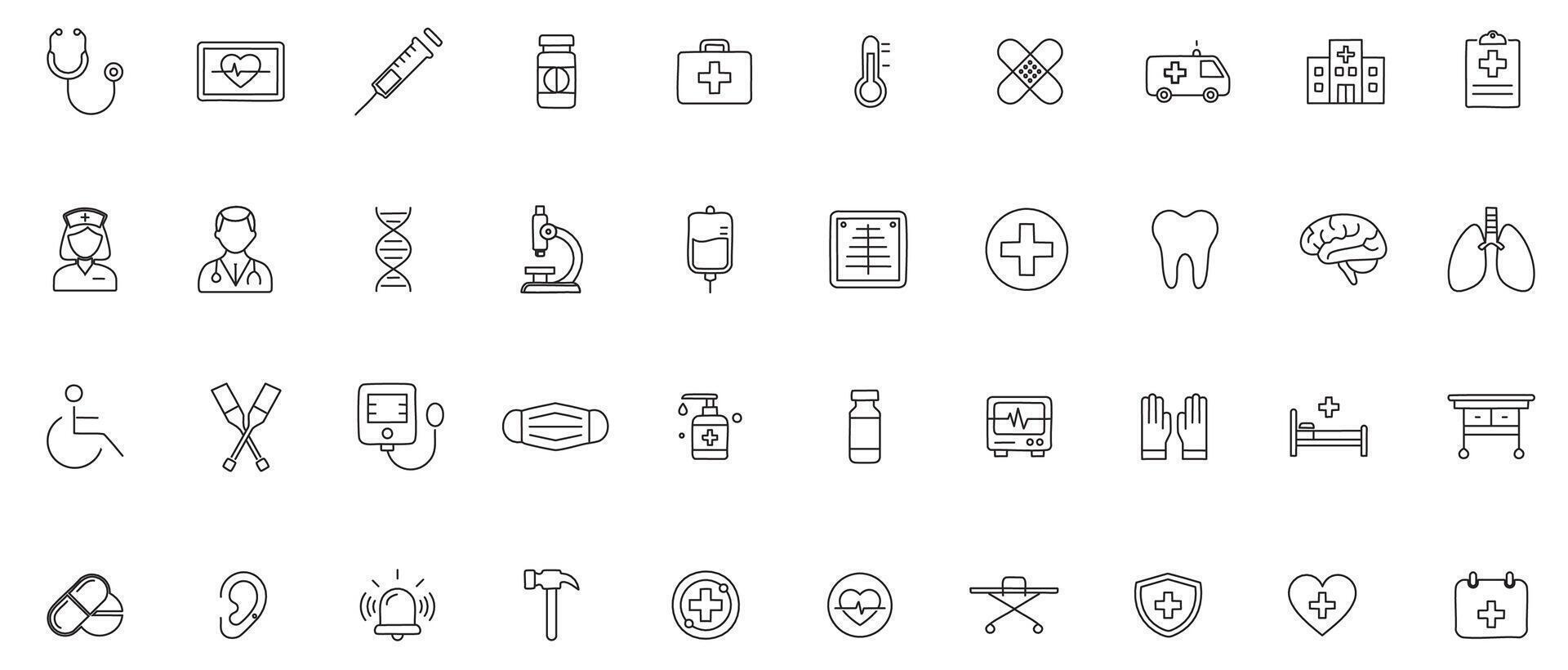 Healthcare and Medical Essentials Line Art Icon Set vector