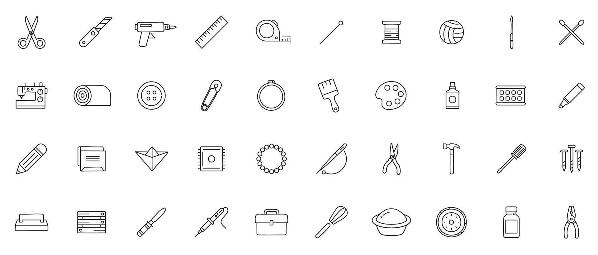 DIY and Handcrafting Line Icons Minimal Outline Icons of Handmade Crafts, Tools, and Creative Projects vector