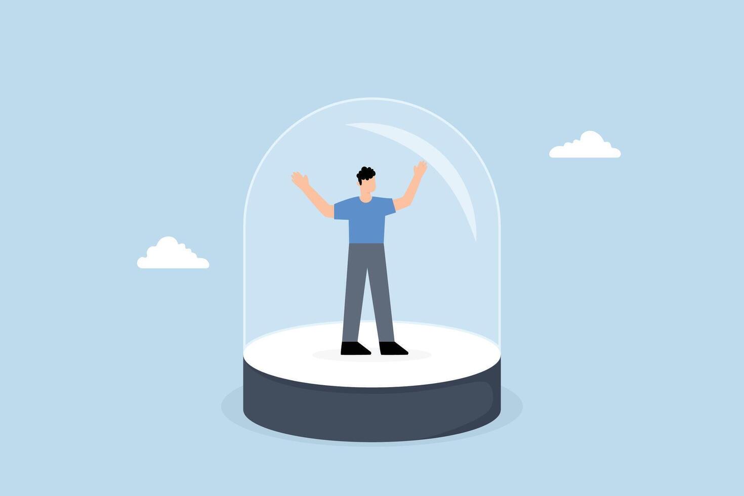 depressed businessman to prison by small glass dome. vector