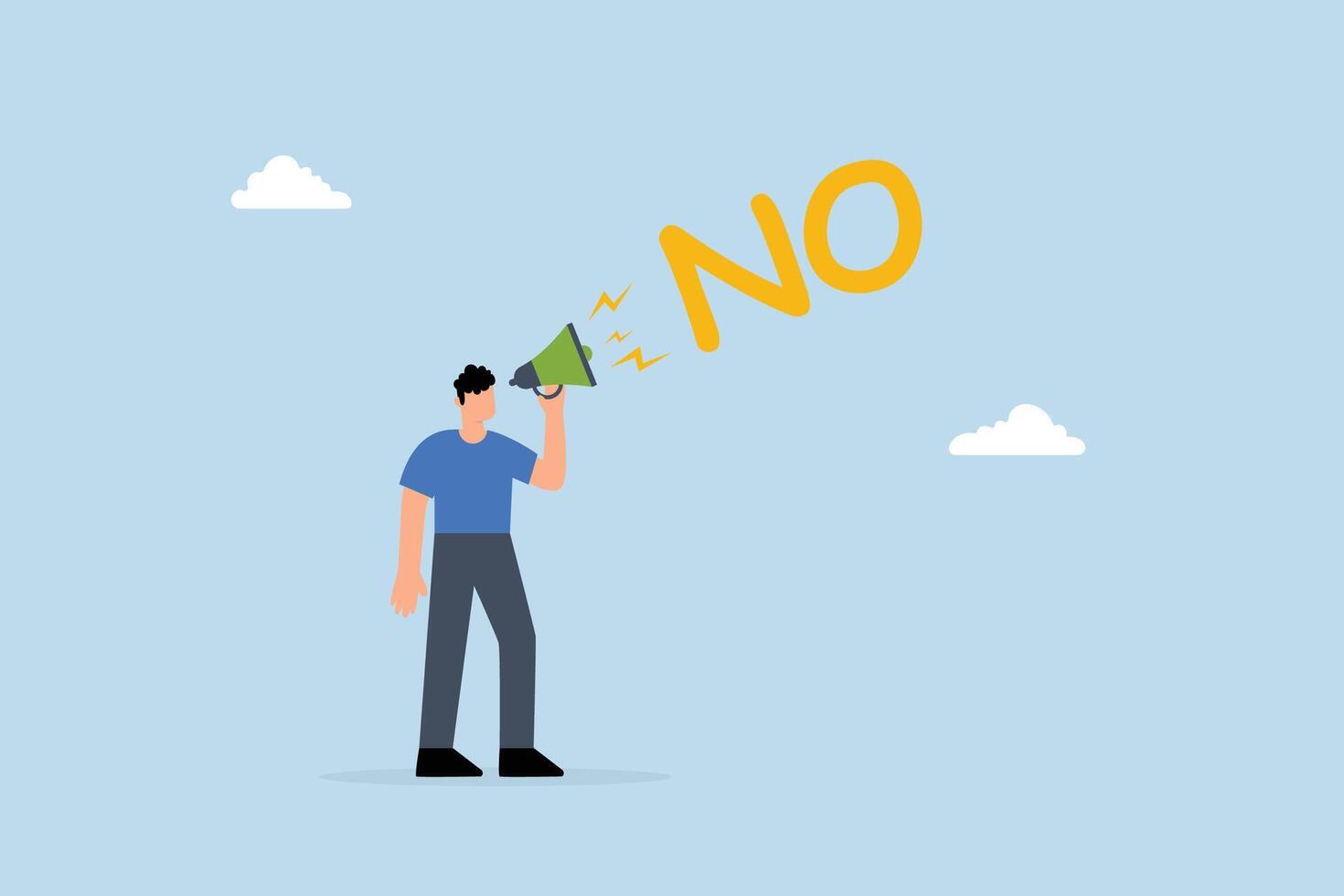 confident businessman speaks loudly in megaphone with the word No to his boss. vector