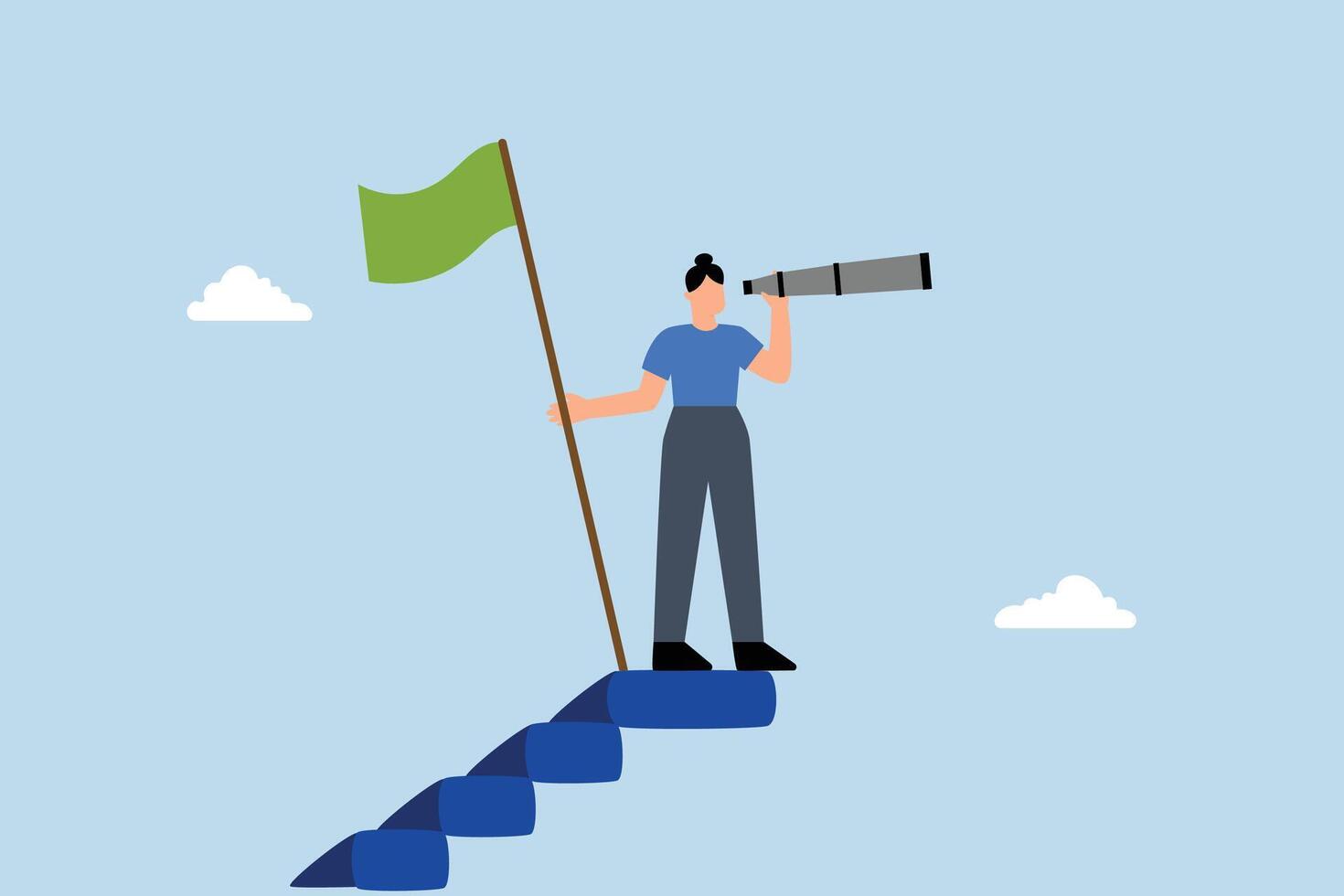 successful businesswoman at top of career ladder holding winning flag and looking for a future visionary. vector