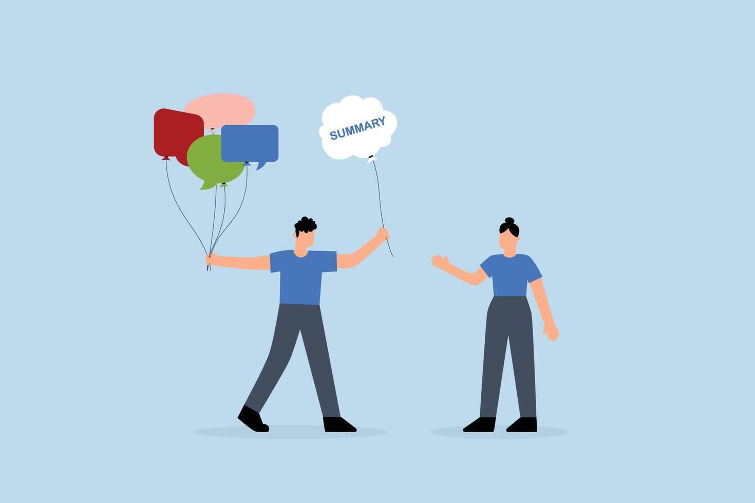 Meeting summary, Entrepreneur carries collection of speech bubbles representing members views and provides recap after gathering. vector