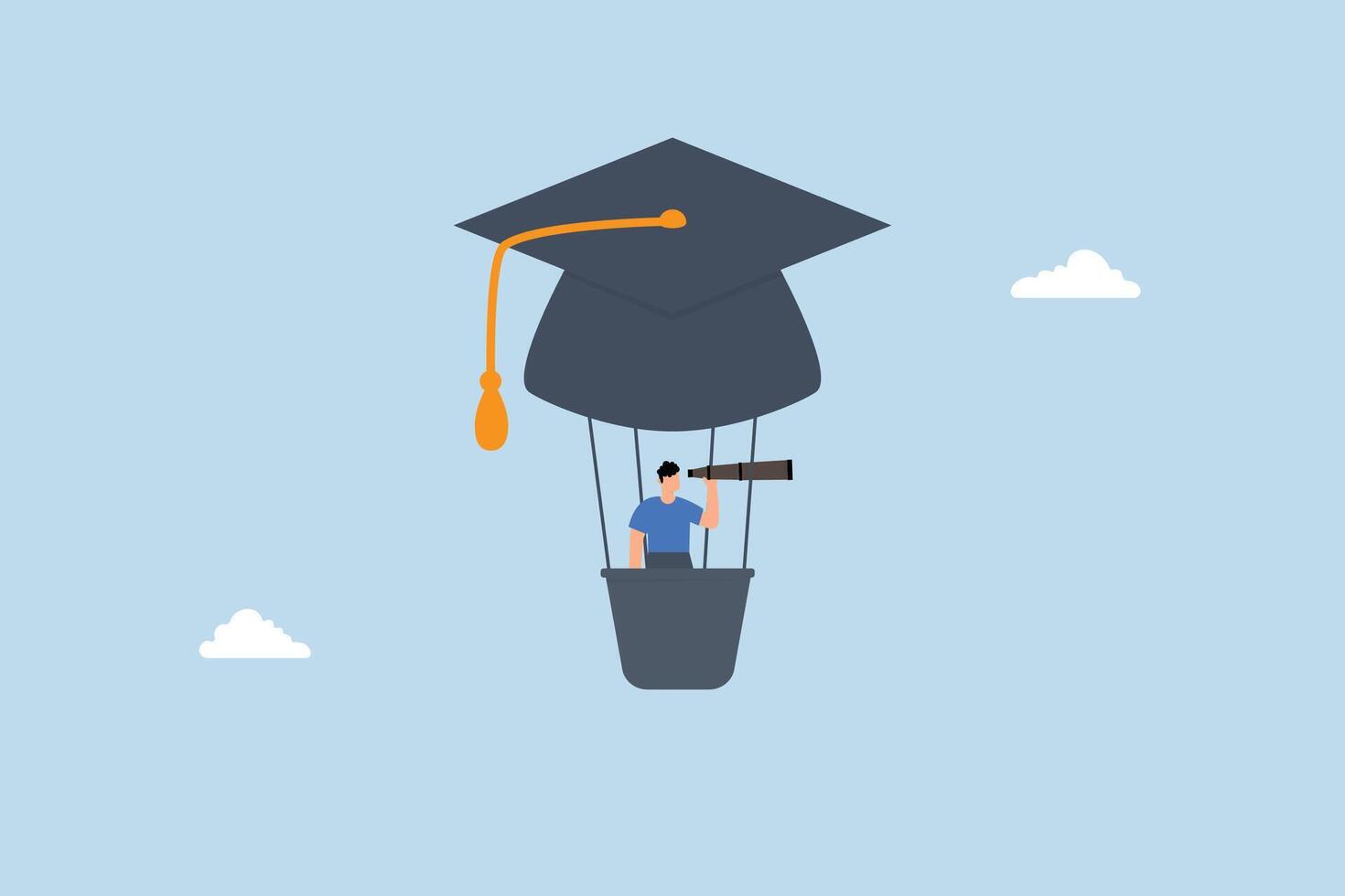businessman fly graduation mortar hat balloon see future vision. vector