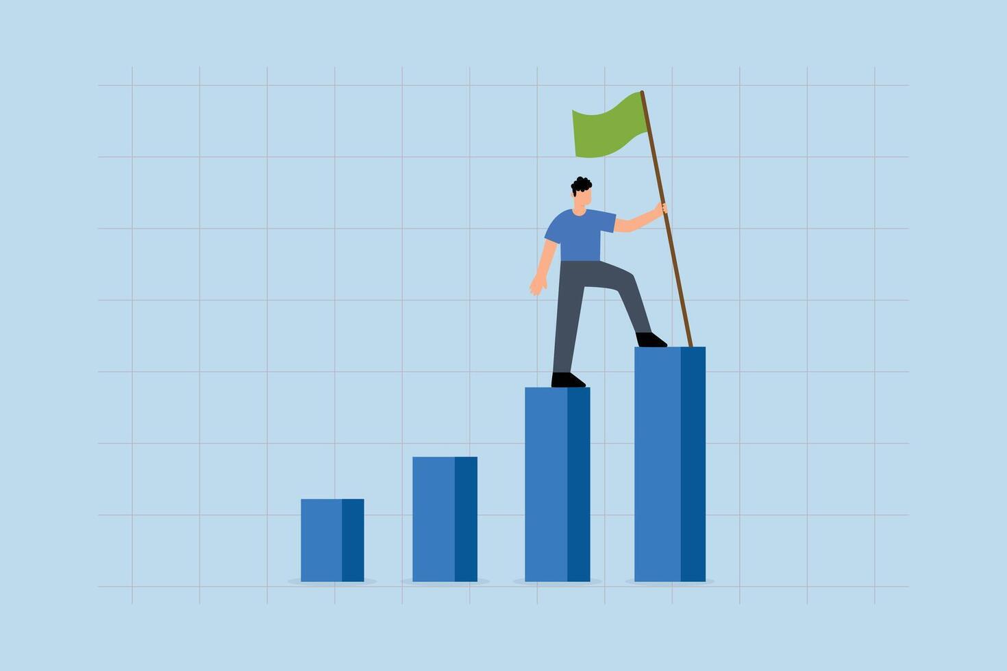 thriving entrepreneur ascends the peak of the growth bar graph to strike the victory banner. vector