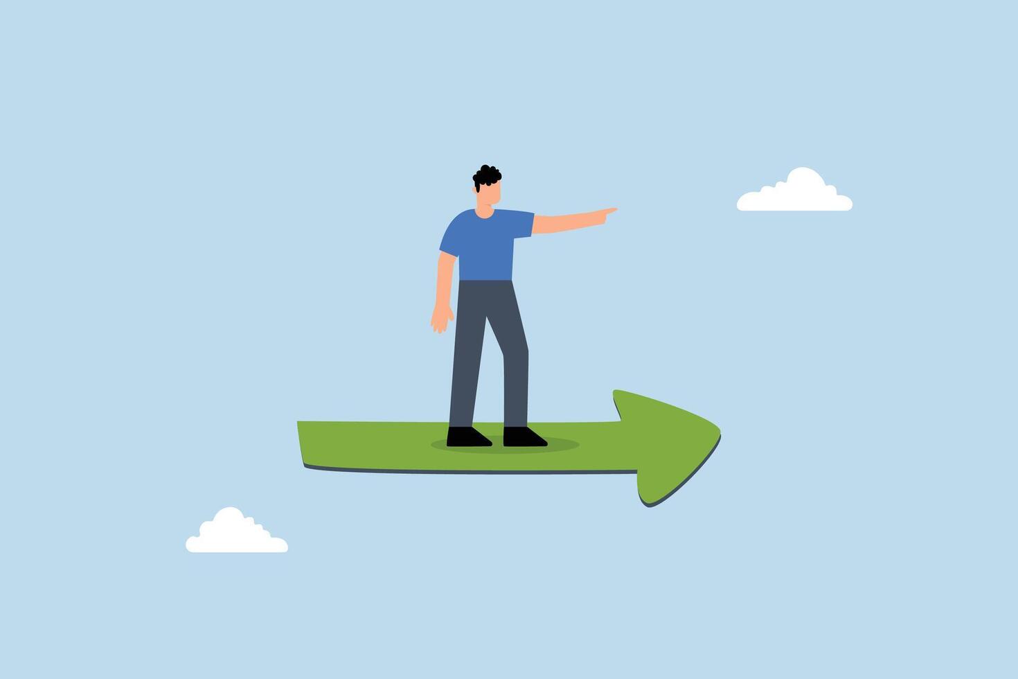 businessman driving high in sky with green up arrow diagram indicating future goal. vector