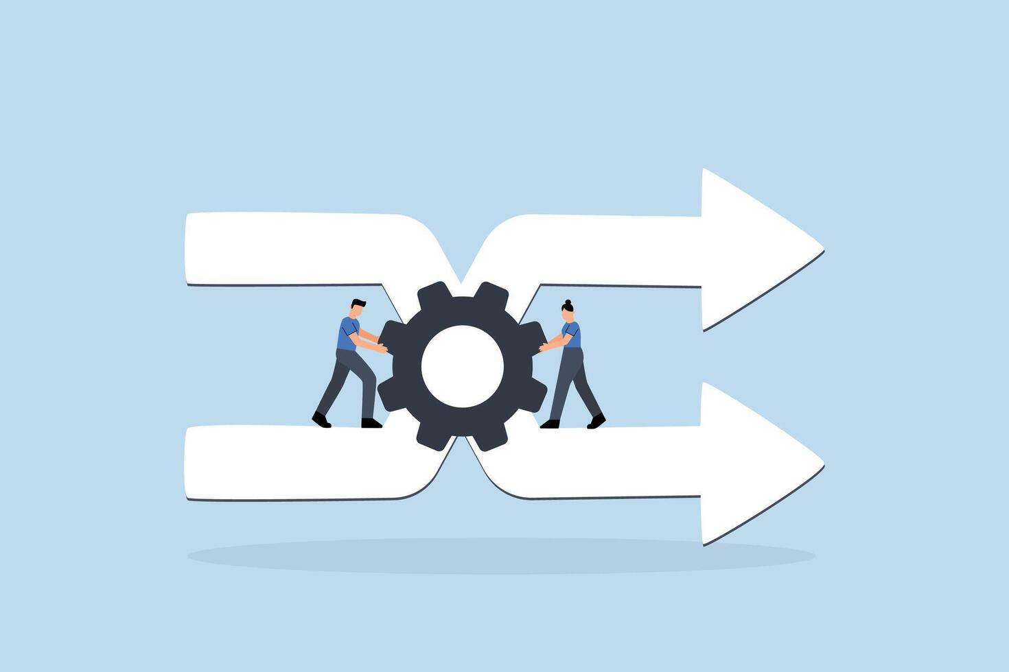 businessman staff team helps turn gear to control arrows of change of direction vector