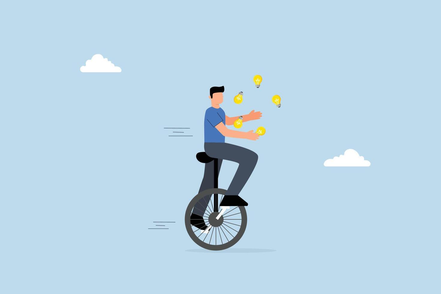 Creativity and ideas, astute entrepreneur balancing on unicycle tossing light bulb lamp imagery numerous concepts. vector