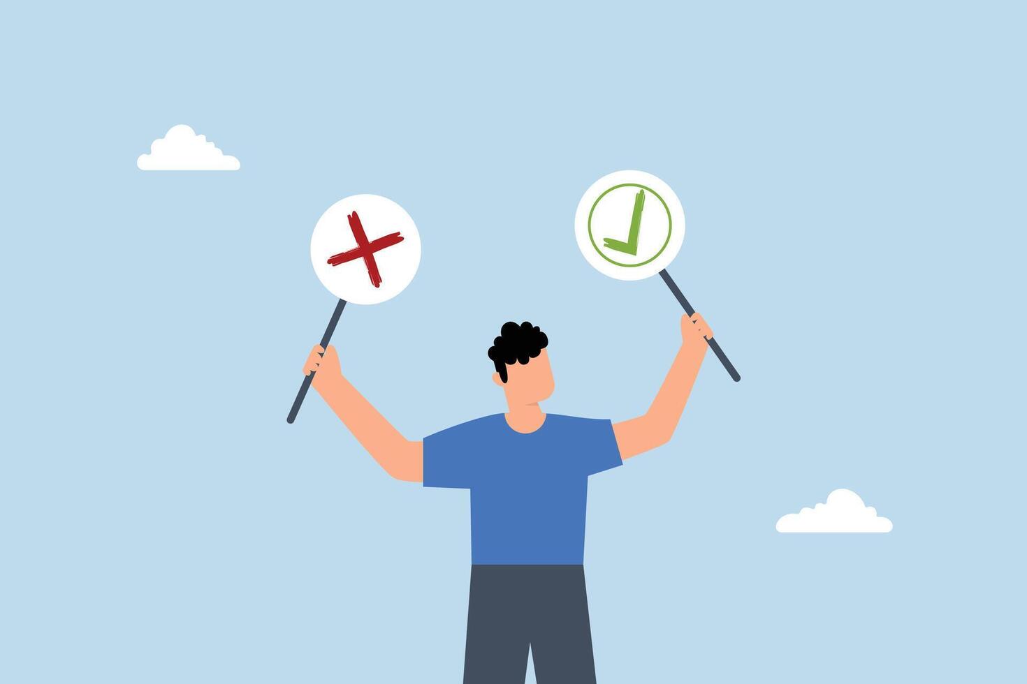 thoughtful businessman holds right or wrong left and right hand when making decision. vector