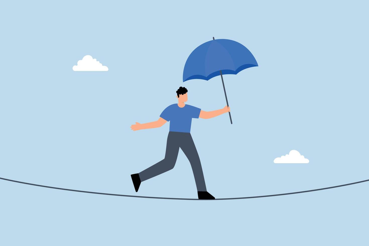 brave businessman balanced walk on high rope. vector