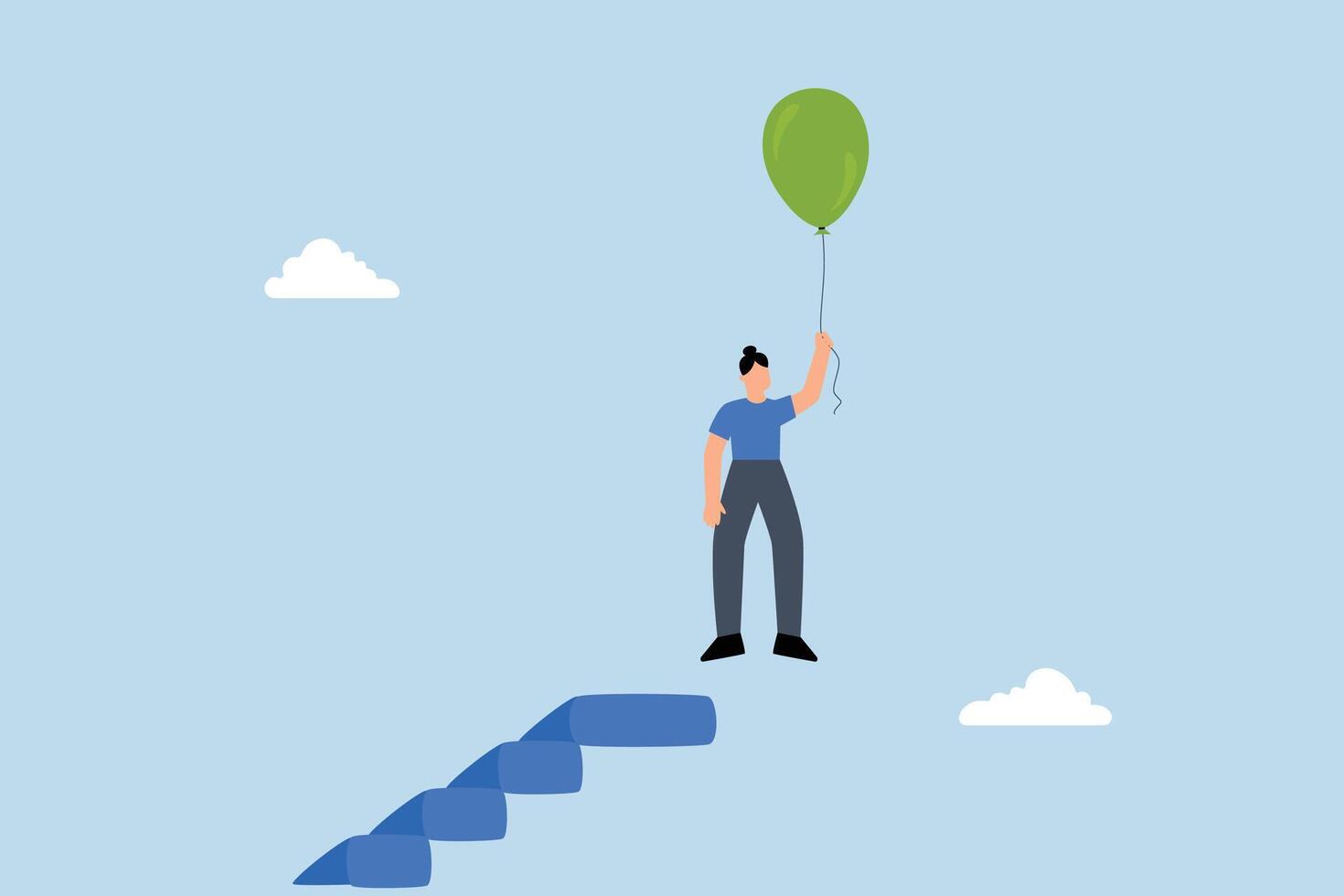 successful business woman flying balloon from the top of staircase. vector