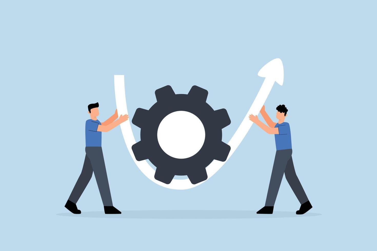 business partner helps turn tool so that arrow is up. vector