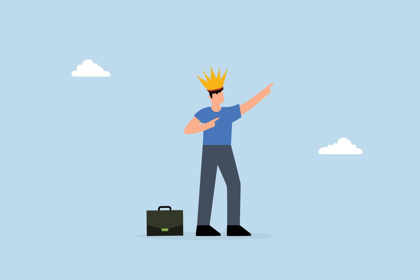 Success businessman king proud of his achievement, joyful entrepreneur with regal crown gesturing towards the heavens vector