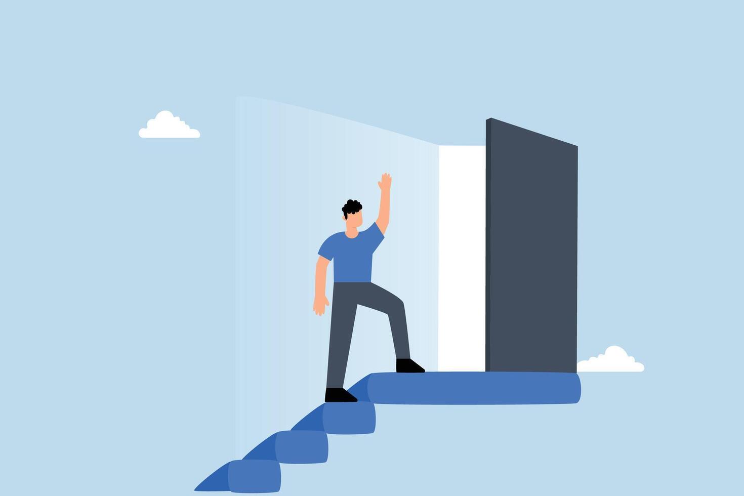 businessman reaching the top of ladder opens the door of possibilities to bright light. vector