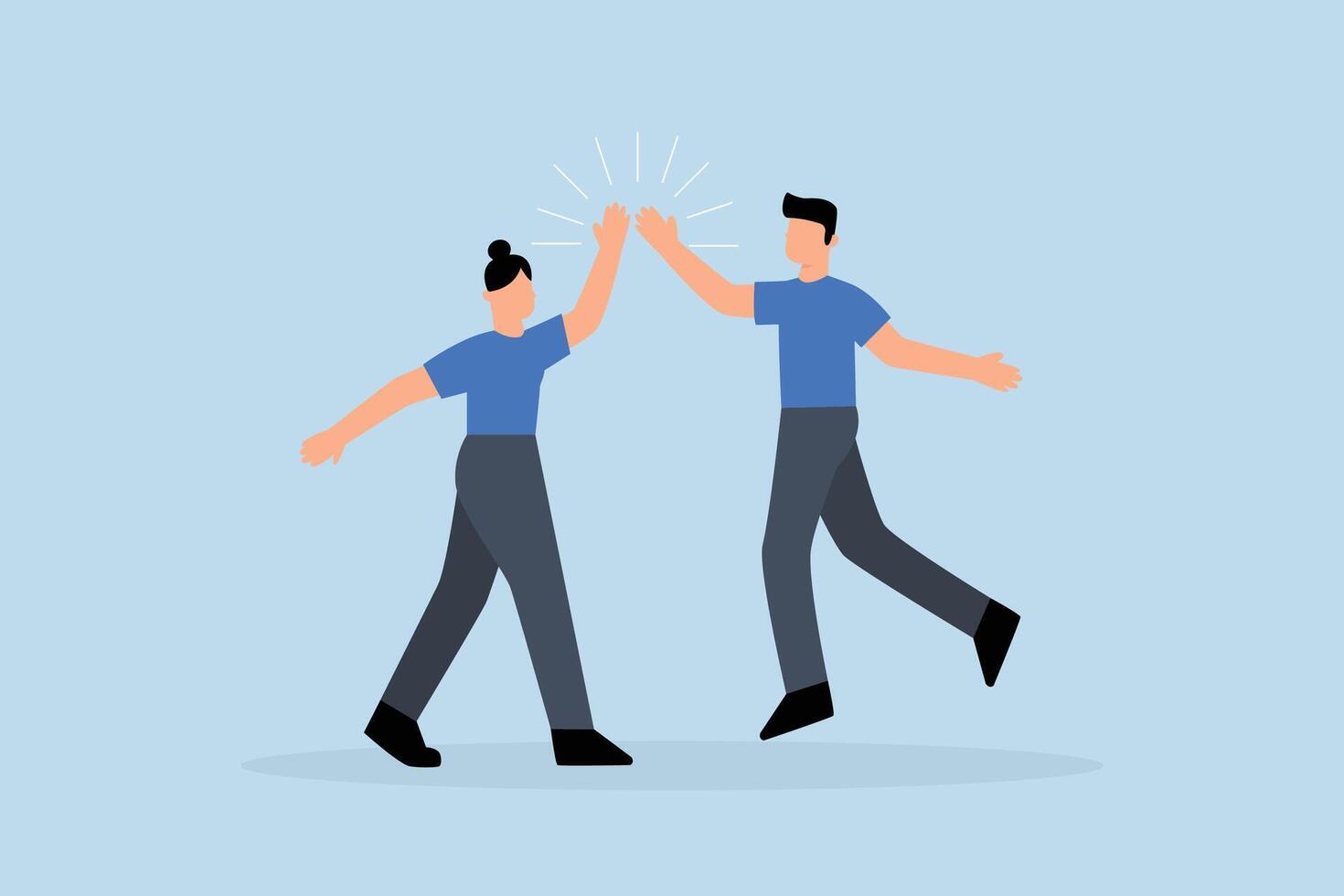 happy businessman and woman teamwork colleagues jumping and hi five clapping hands. vector