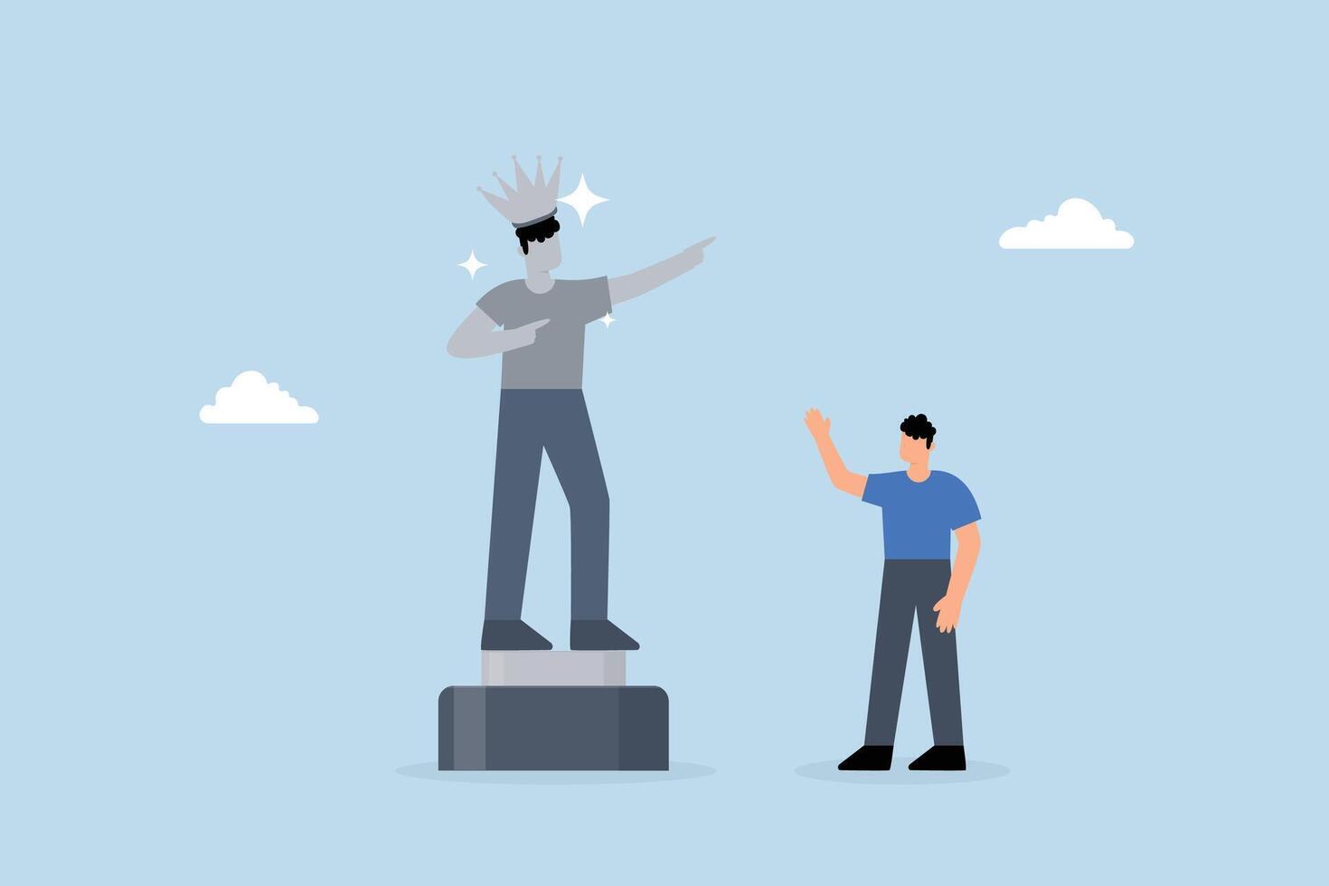 businessman looks at statue of his self success and thinks about his ego. vector