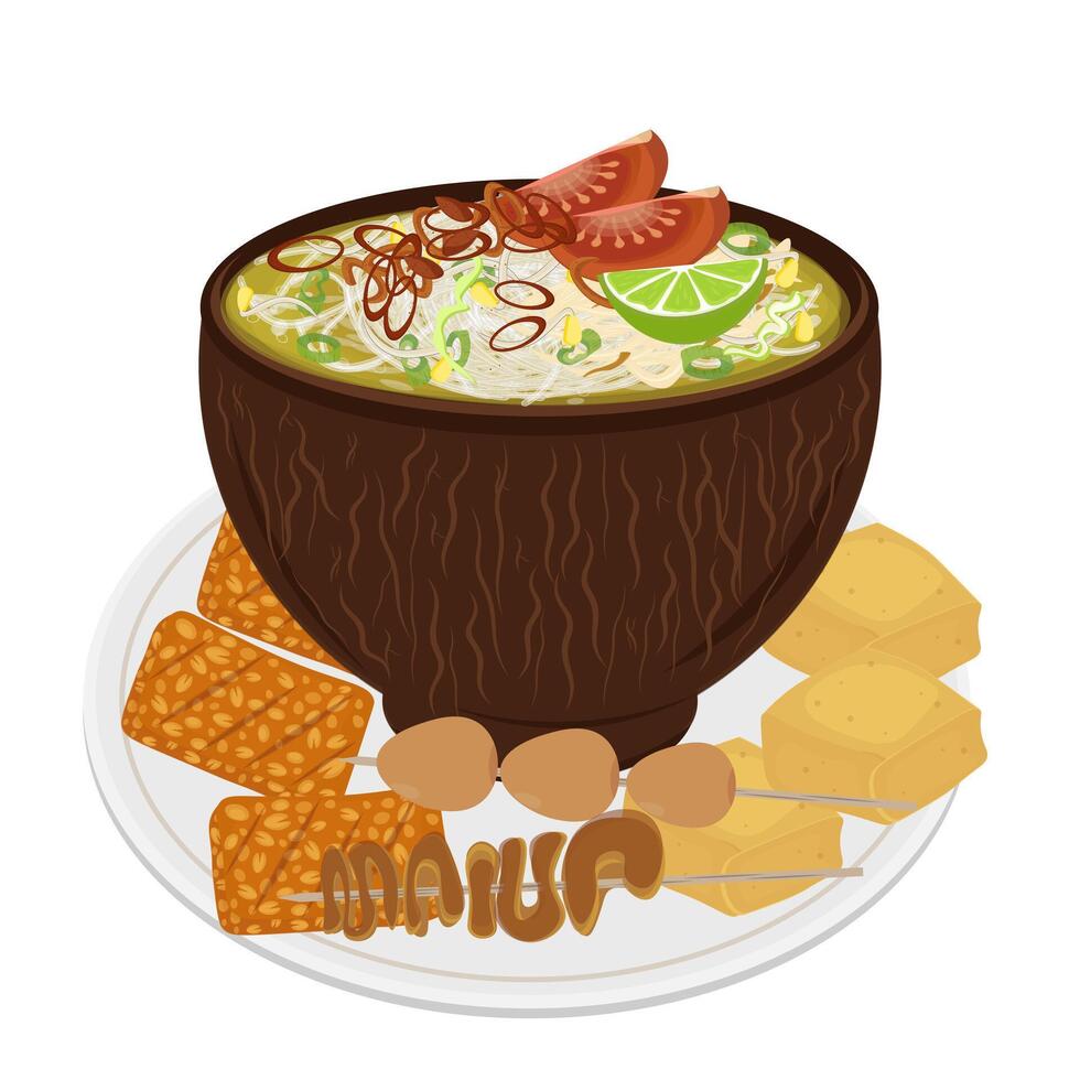 Illustration Logo Clipart Soto Batok or Soto Ayam with satay and Tofu Tempeh vector