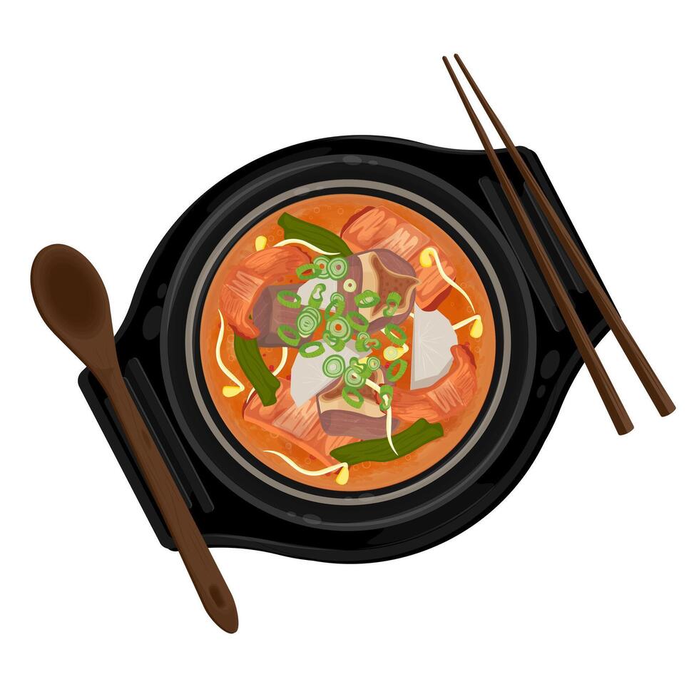 Illustration Logo Clipart Top View Haejjanguk Korean Hangover Soup on a Ttukbaegi vector