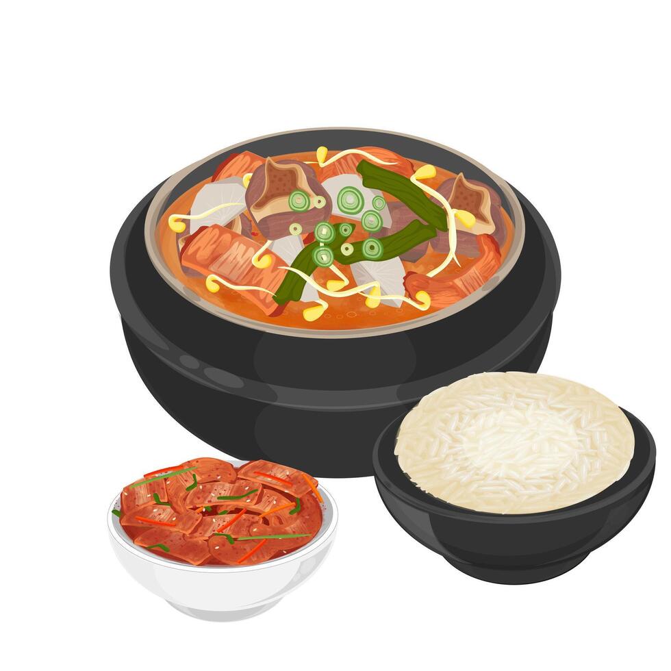 Illustration Logo Clipart Haejjanguk Korean Hangover Soup on a Ttukbaegi with Rice and Kimchi vector