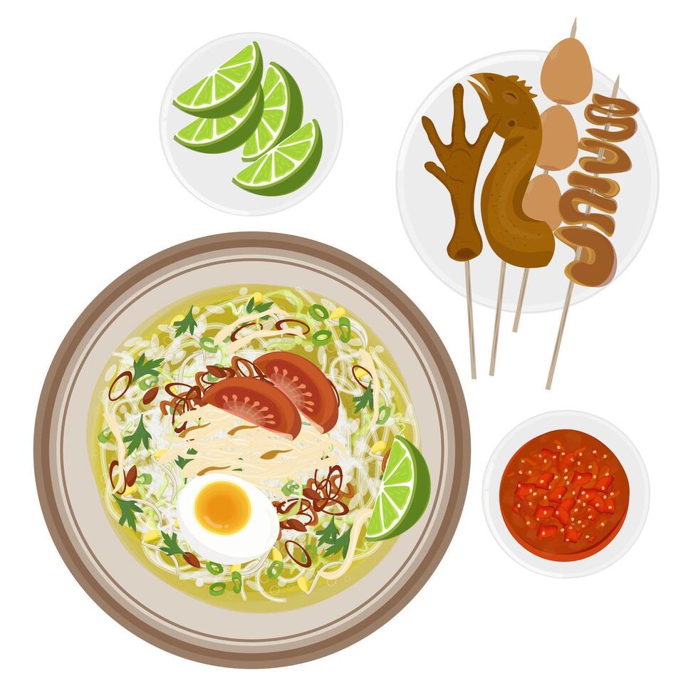 Illustration Logo Clipart Top View Soto Sapi or Soto Daging Sapi Indonesian Beef Soup with added Side dish Satay vector