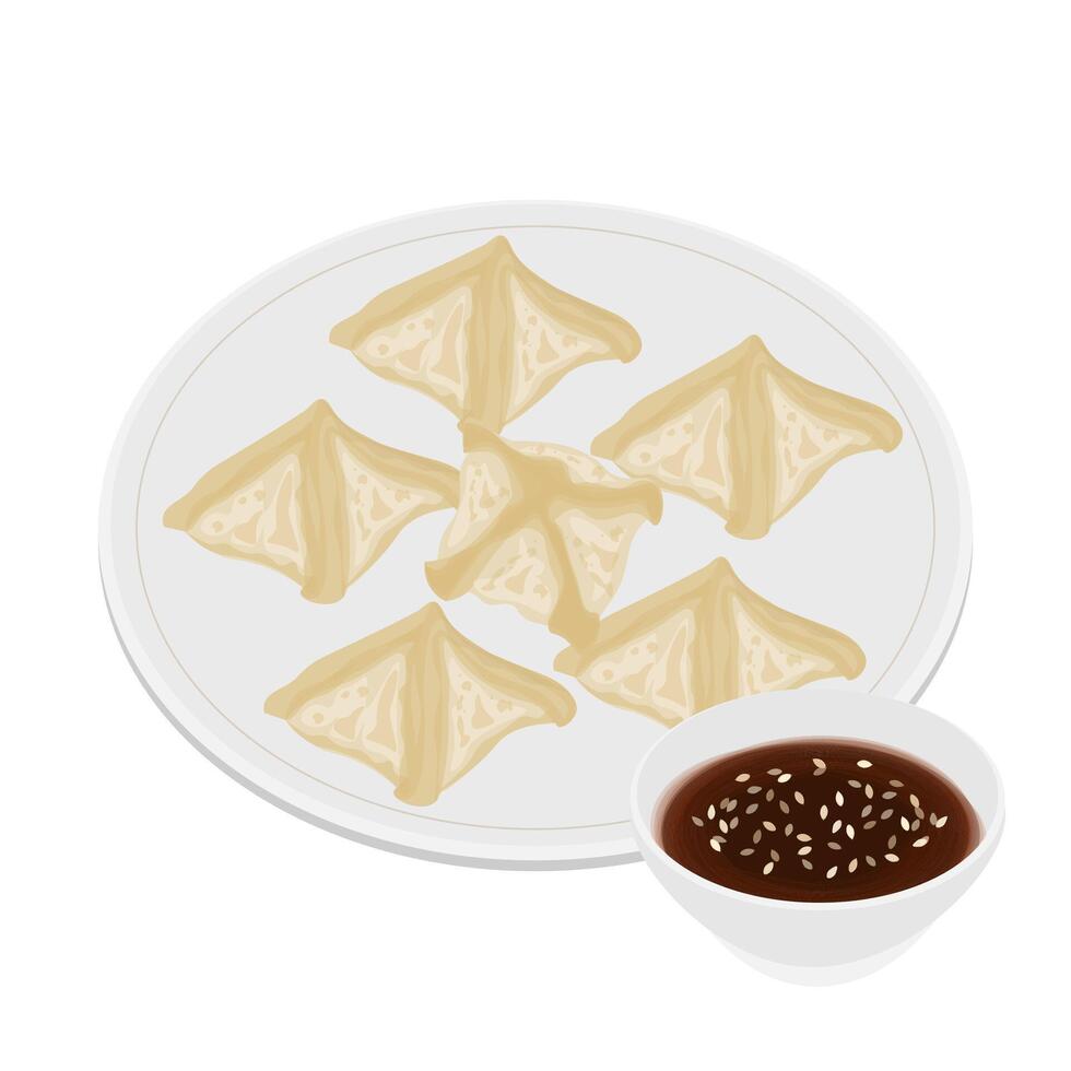 Illustration Logo Clipart Vegetarian Korean Dumplings Hobak Pyeonsu with Soy Sauce vector