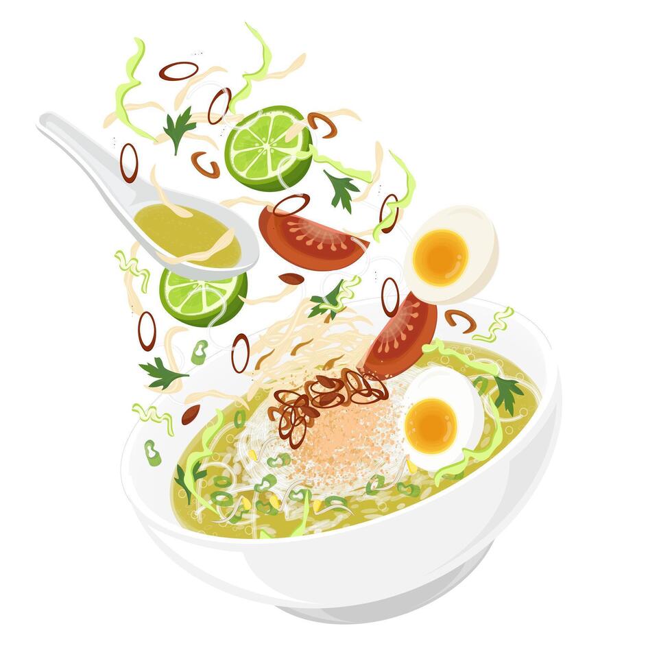Illustration Logo Clipart Levitation Soto Ayam or Soto Koya Indonesian Chicken Soup vector