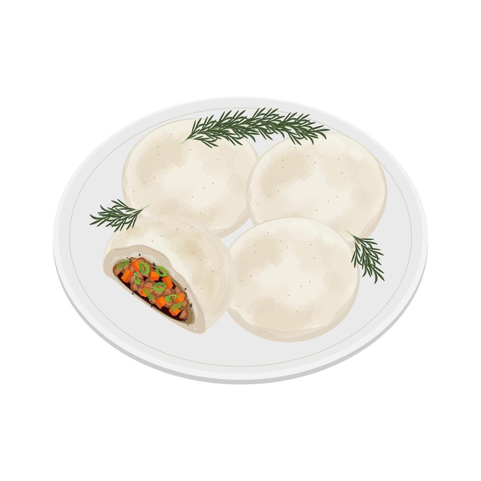 Illustration Logo Clipart Steamed Bun Korean pao or meat Jjinppang Hoppang on a Plate vector