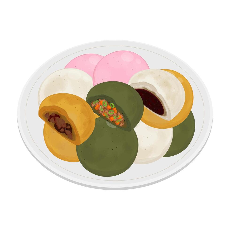 Illustration Logo Clipart Hoppang or Jjinppang Steamed Bun with Red Bean Paste and Meat on a Plate vector