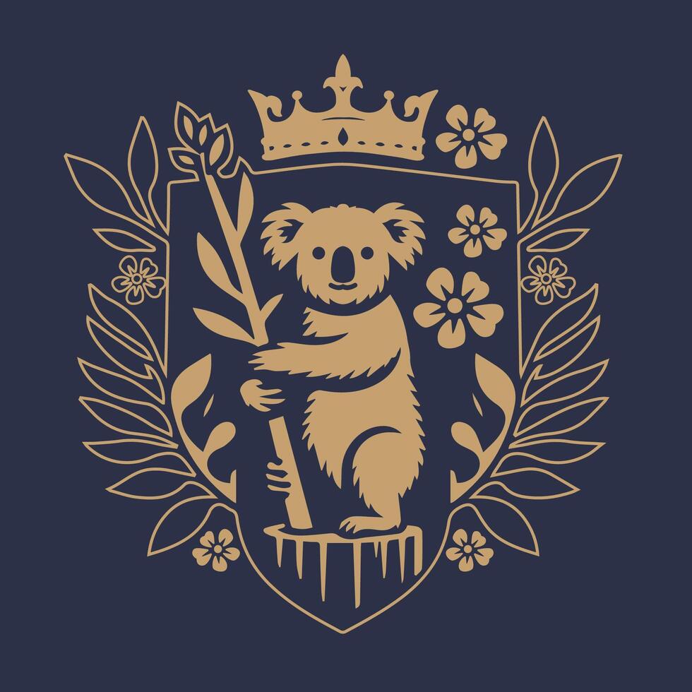 Illustration of a koala logo inside a shield with floral elements of flowers and leaves. vector