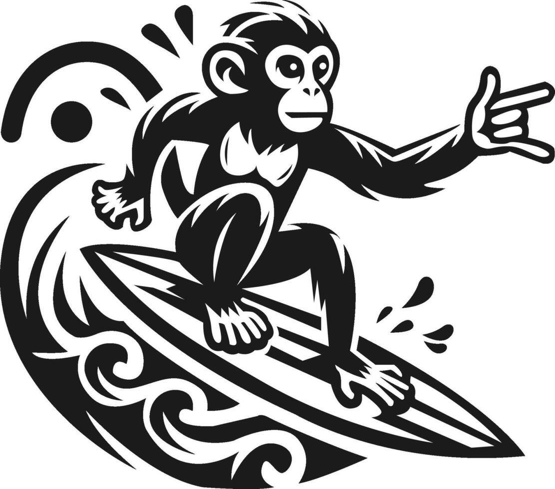 Monkey Surfing Logo style monochrome vector