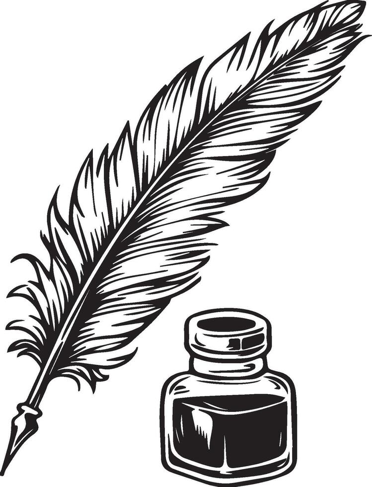 Illustration of bird feathers and black ink in monochrome style vector
