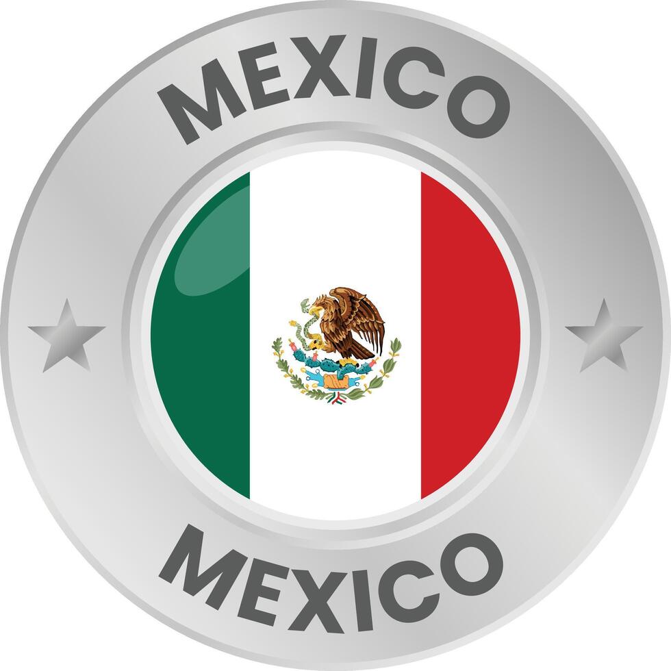 Mexican flag in silver colored medal. National flag in metal circle emblem. vector