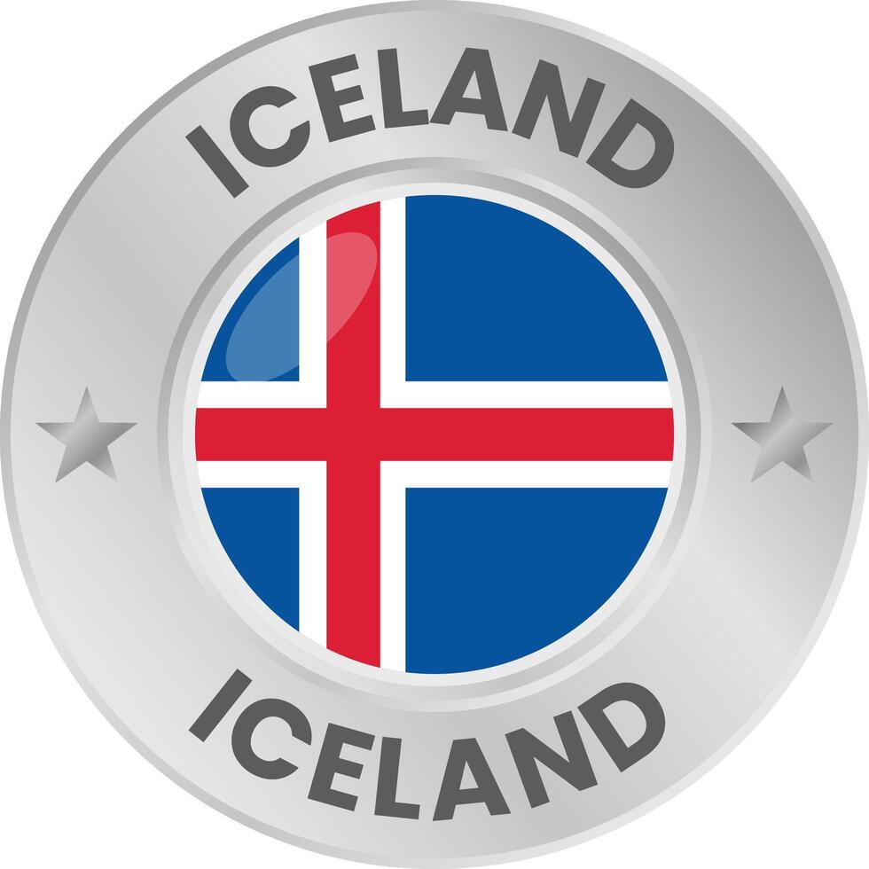 Iceland flag in silver colored medal. National flag in metal circle emblem. vector