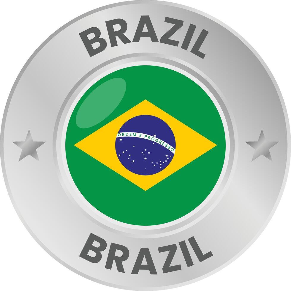 Brazil flag in silver colored medal. National flag in metal circle emblem. vector